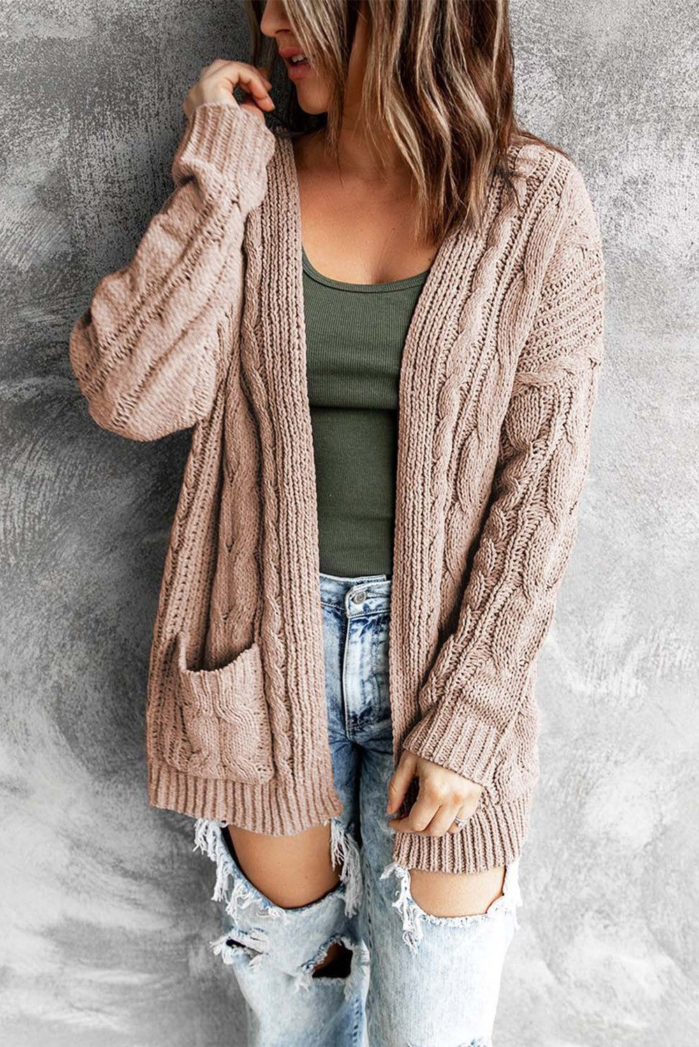 Beige Knitted Cardigan with Pockets