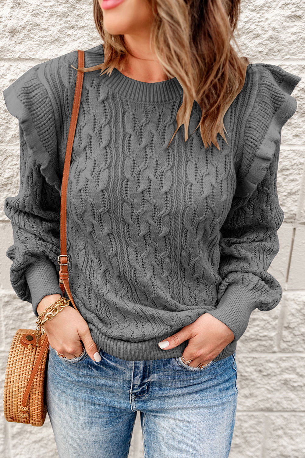 Gray Ruffled Trim Ribbed Knit Long Sleeve Sweater