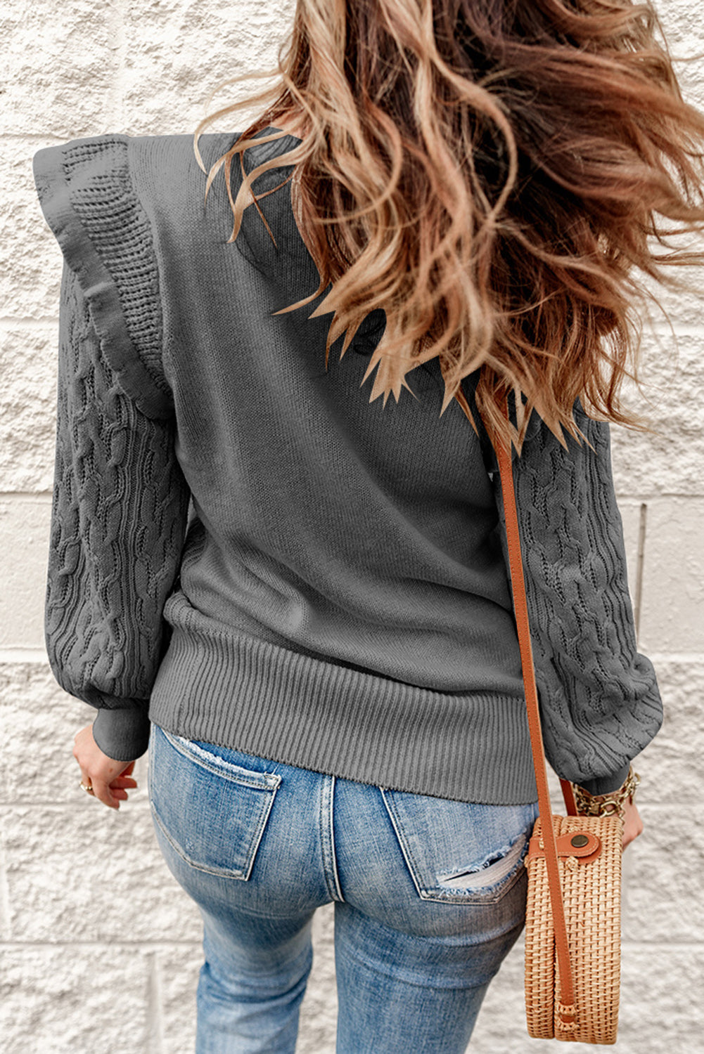 Gray Ruffled Trim Ribbed Knit Long Sleeve Sweater