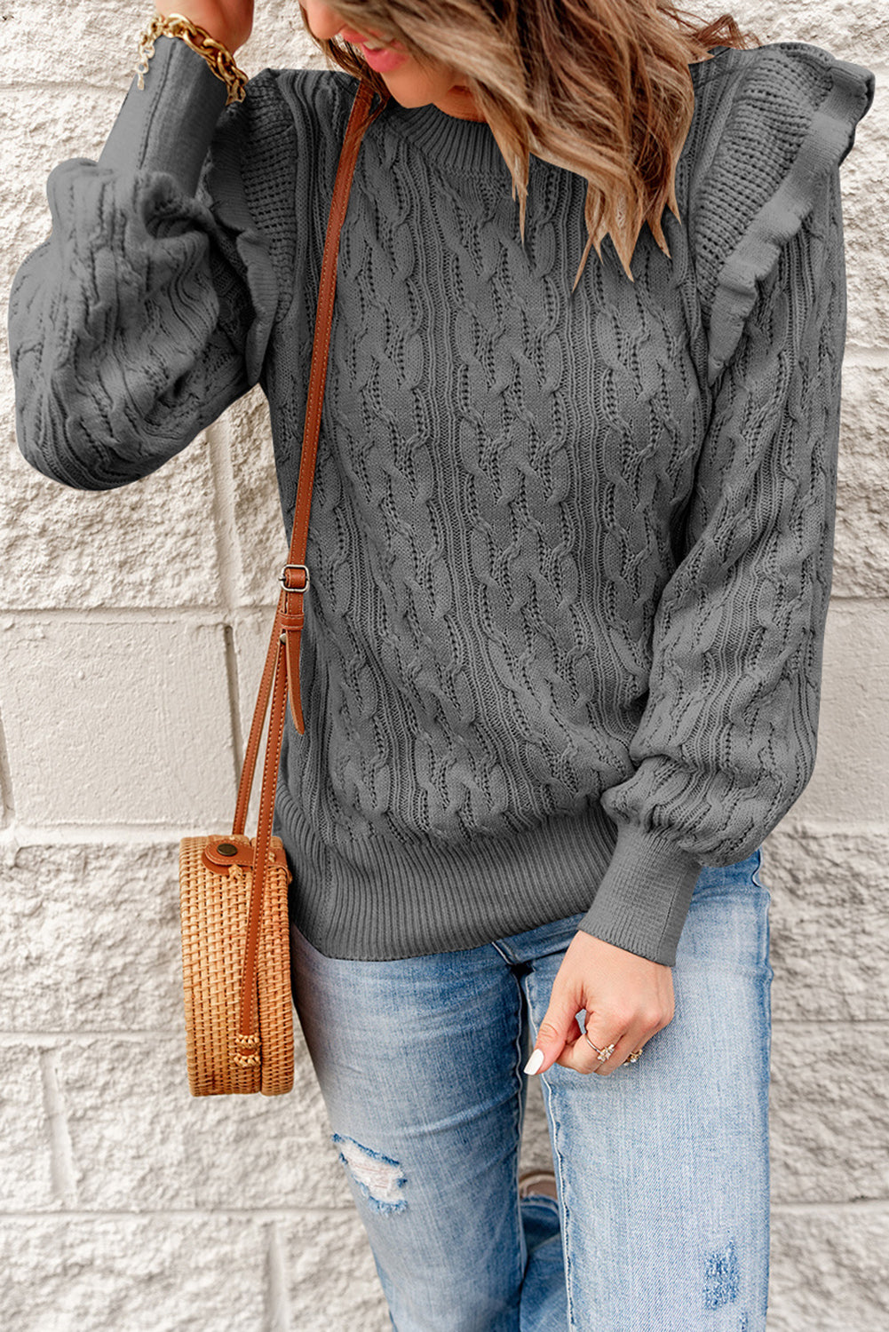 Gray Ruffled Trim Ribbed Knit Long Sleeve Sweater