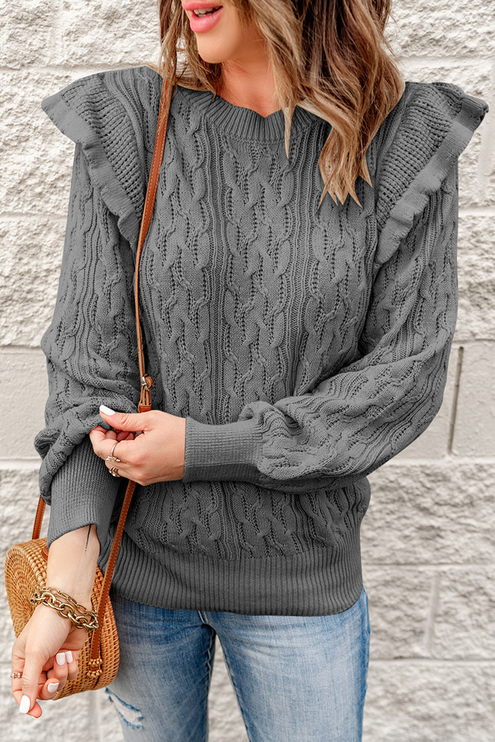 Gray Ruffled Trim Ribbed Knit Long Sleeve Sweater