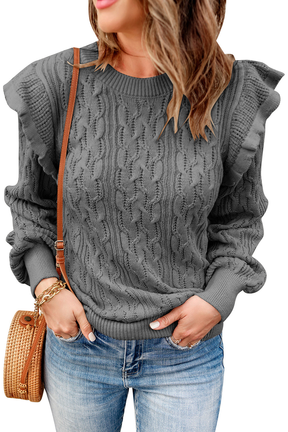 Gray Ruffled Trim Ribbed Knit Long Sleeve Sweater