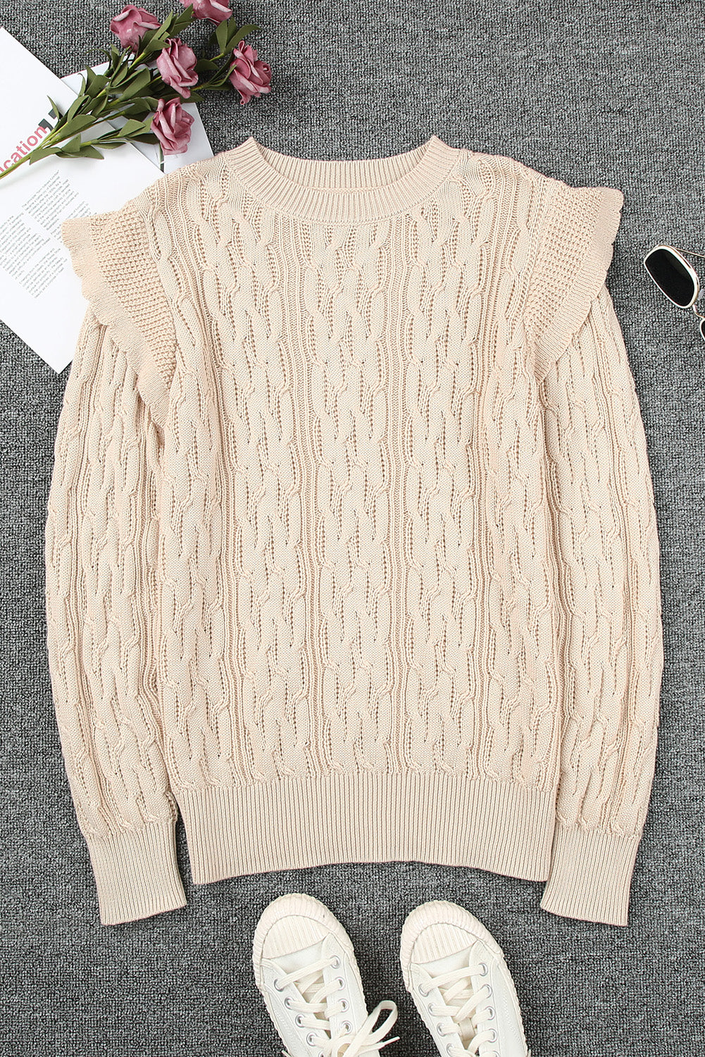 Beige Ruffled Trim Ribbed Knit Long Sleeve Sweater