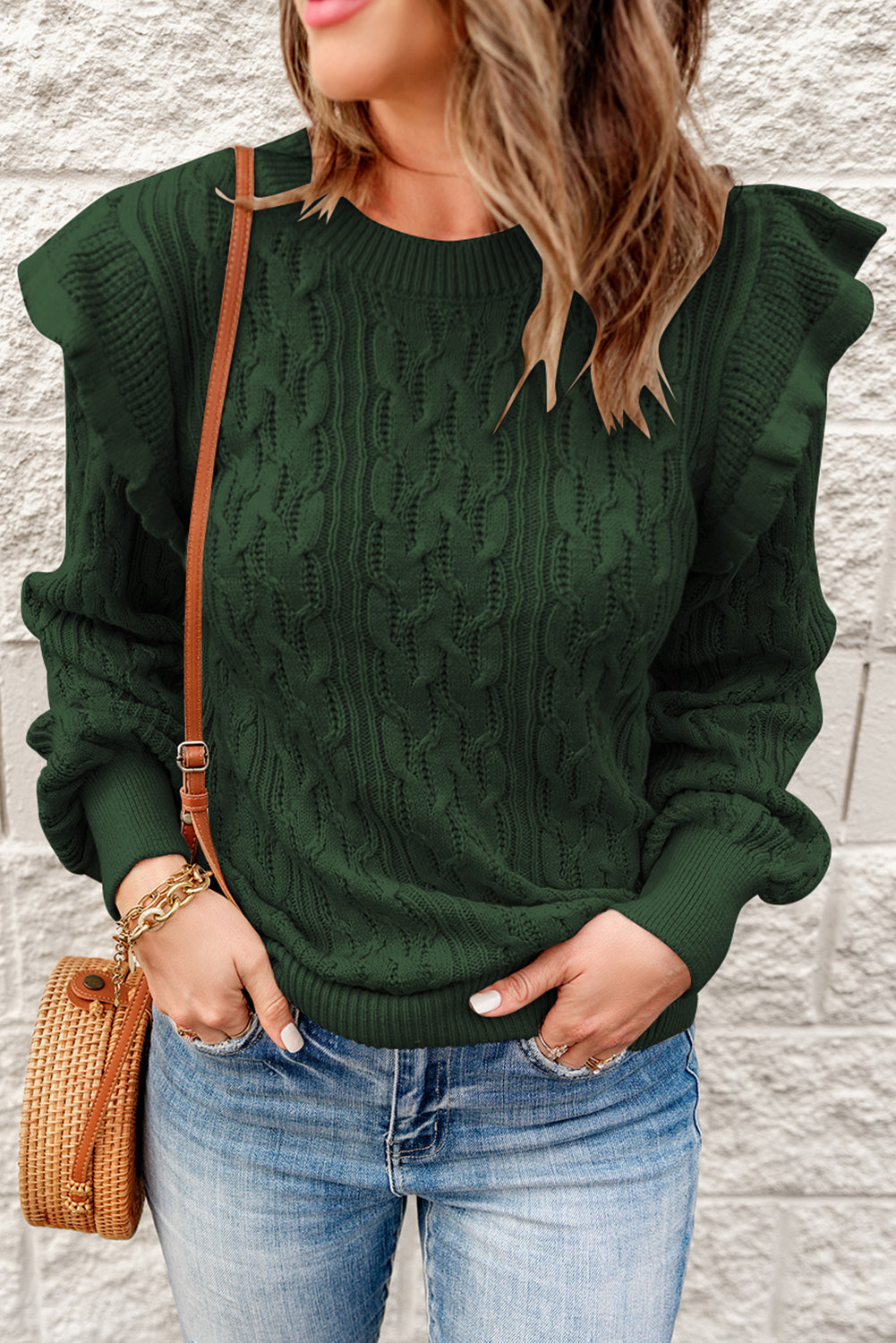 Green Ruffled Trim Ribbed Knit Long Sleeve Sweater
