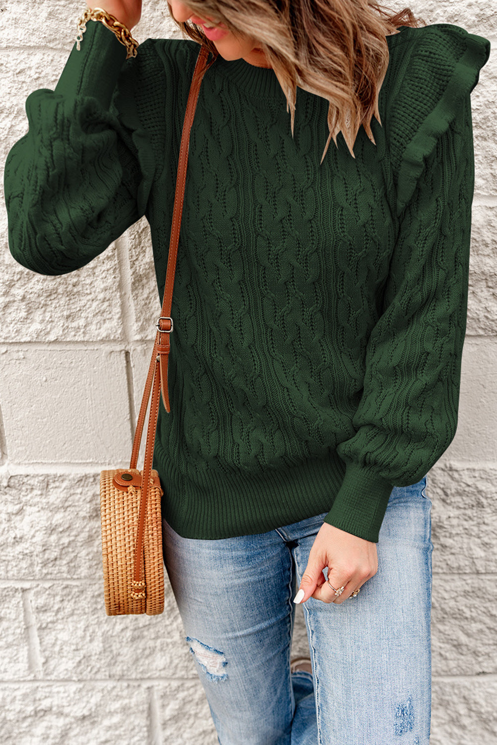 Green Ruffled Trim Ribbed Knit Long Sleeve Sweater