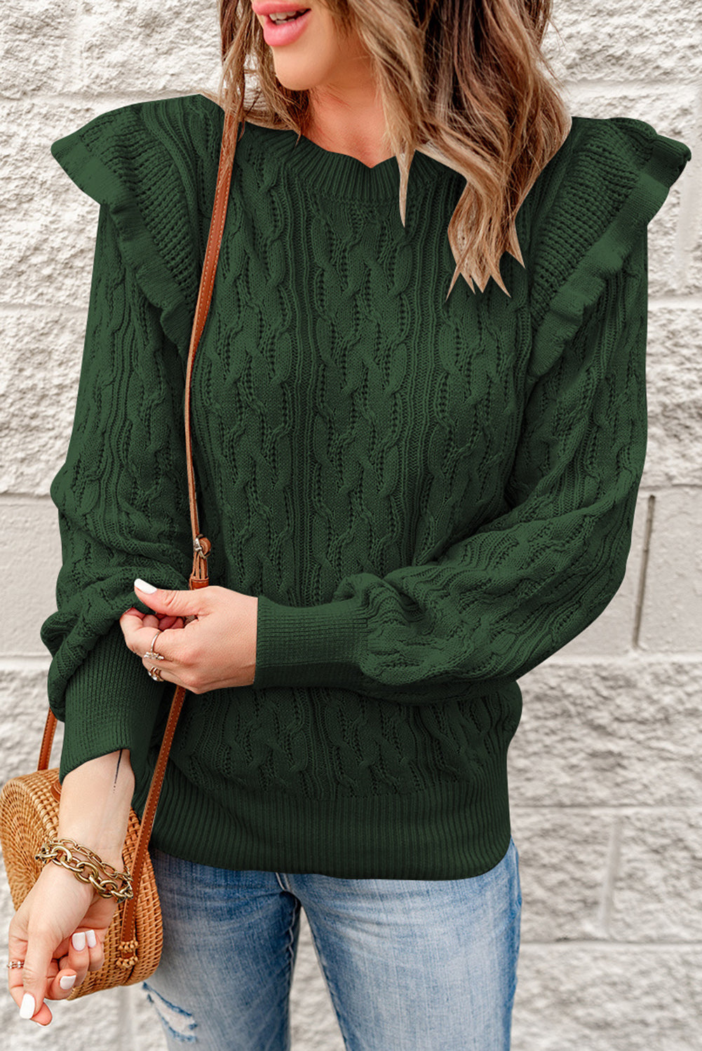 Green Ruffled Trim Ribbed Knit Long Sleeve Sweater