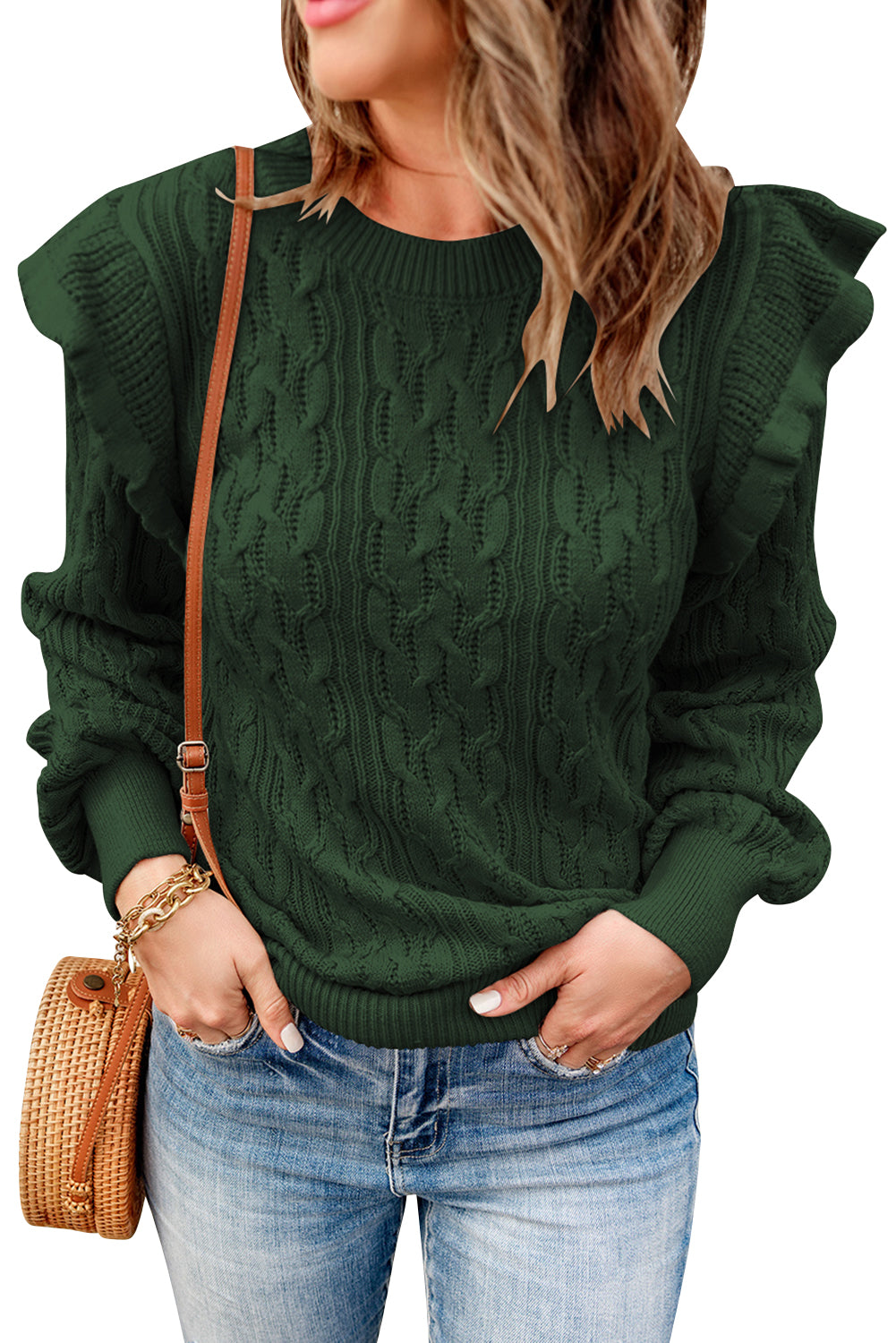 Green Ruffled Trim Ribbed Knit Long Sleeve Sweater