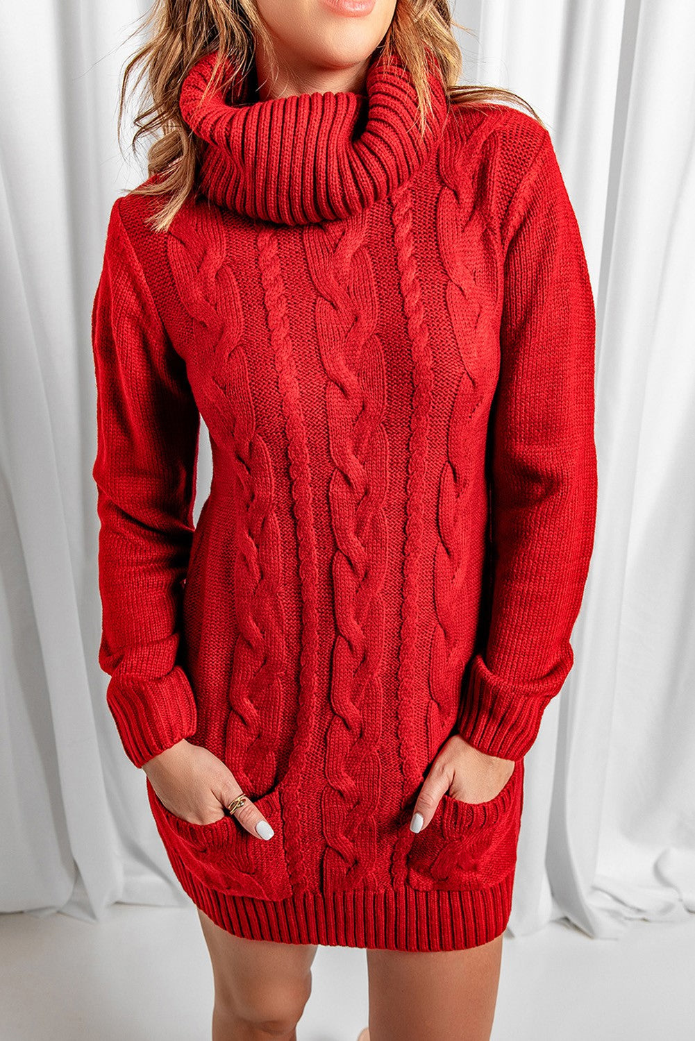 Red Cable Knit Sweater Dress