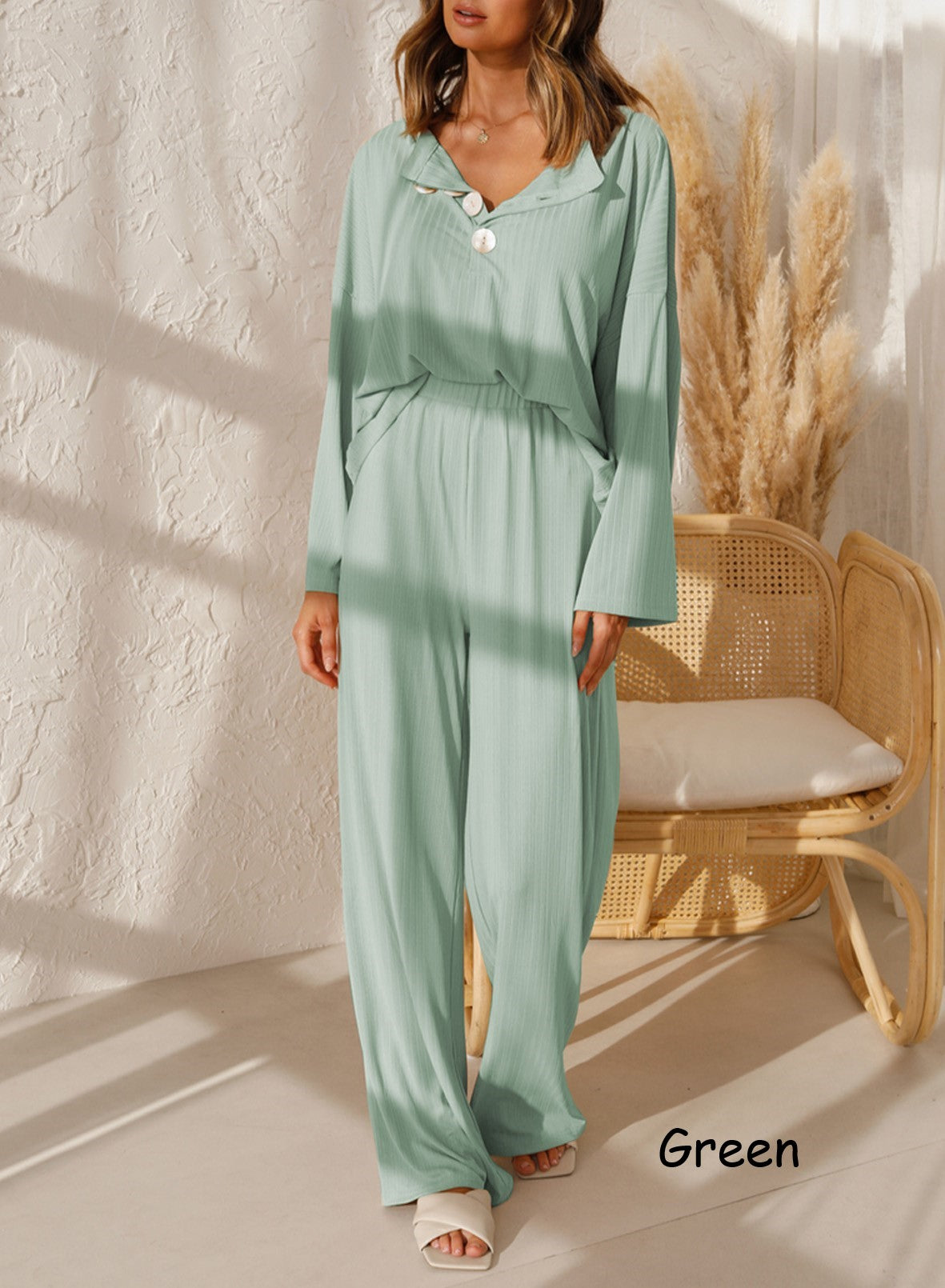 Wide Leg Ribbed Knit Top and Pants Set | 4 Colors |