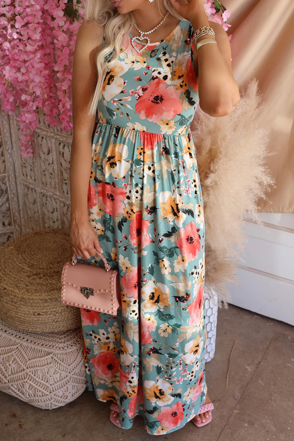 Floral Print Sleeveless Maxi Dress with Pocket