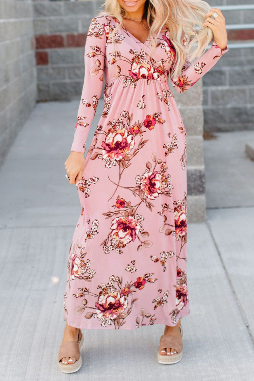 Pink Floral Long Sleeve V-Neck Maxi Dress