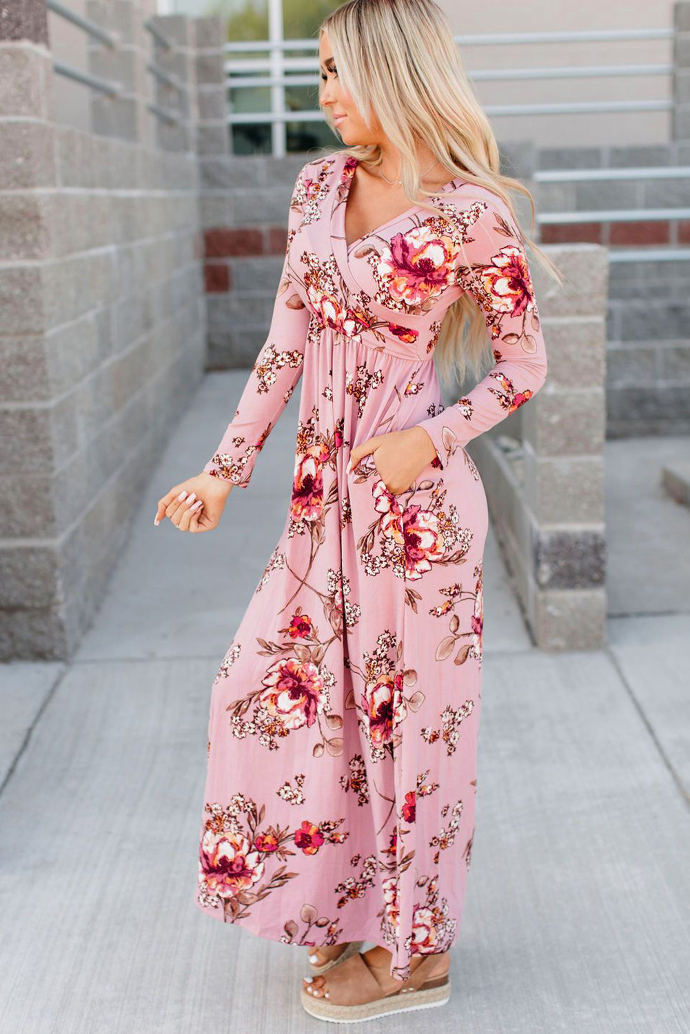 Pink Floral Long Sleeve V-Neck Maxi Dress
