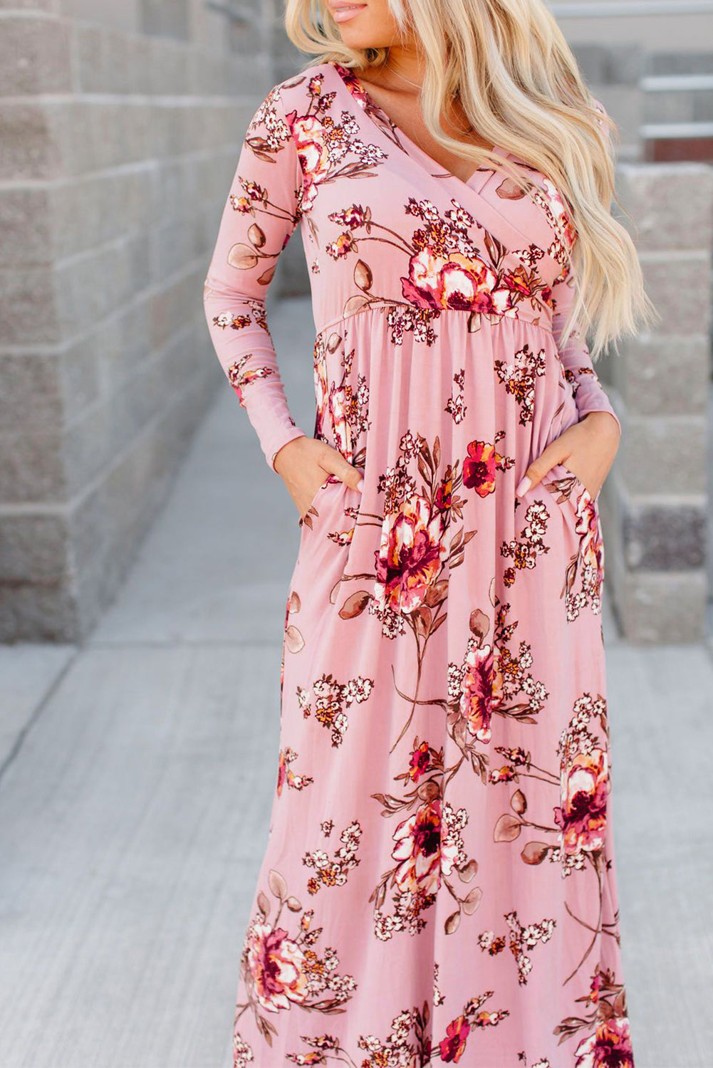 Pink Floral Long Sleeve V-Neck Maxi Dress
