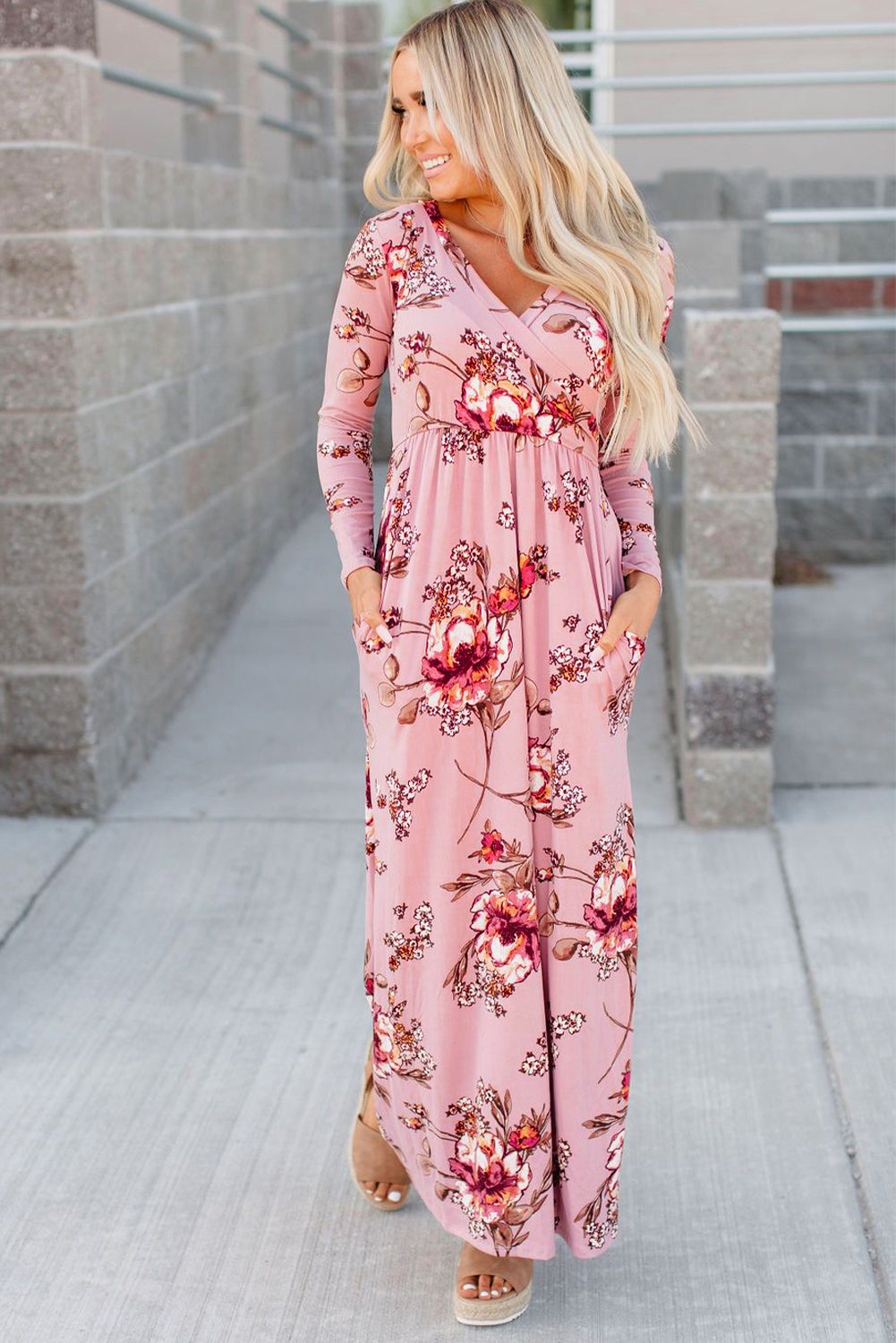 Pink Floral Long Sleeve V-Neck Maxi Dress