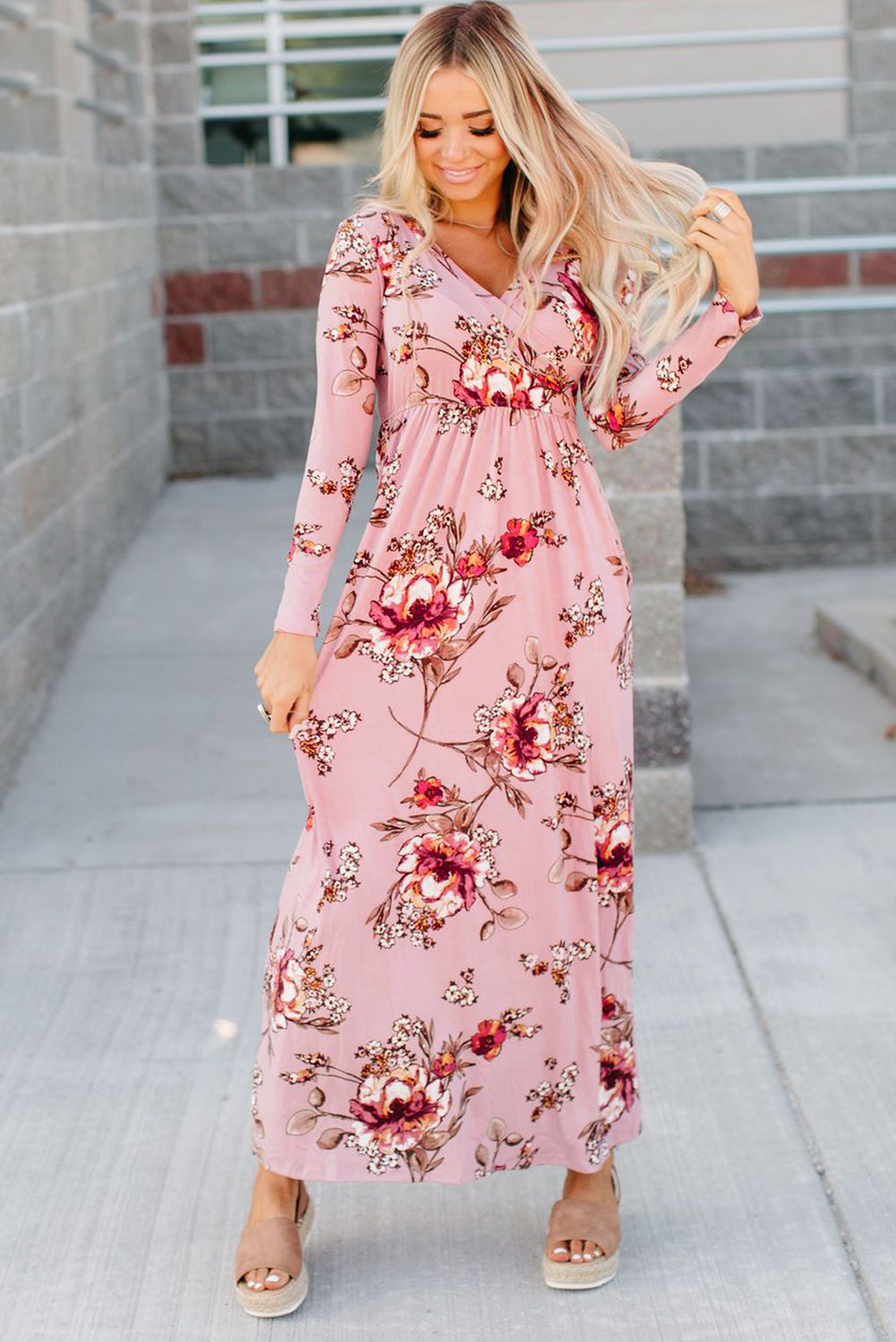 Pink Floral Long Sleeve V-Neck Maxi Dress