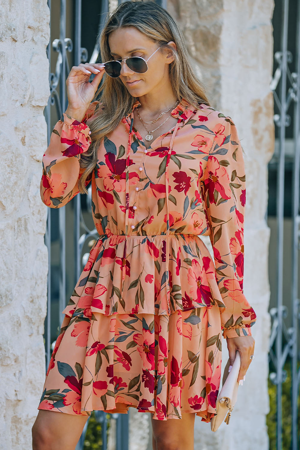Floral V Neck Puff Sleeve Ruffled Dress
