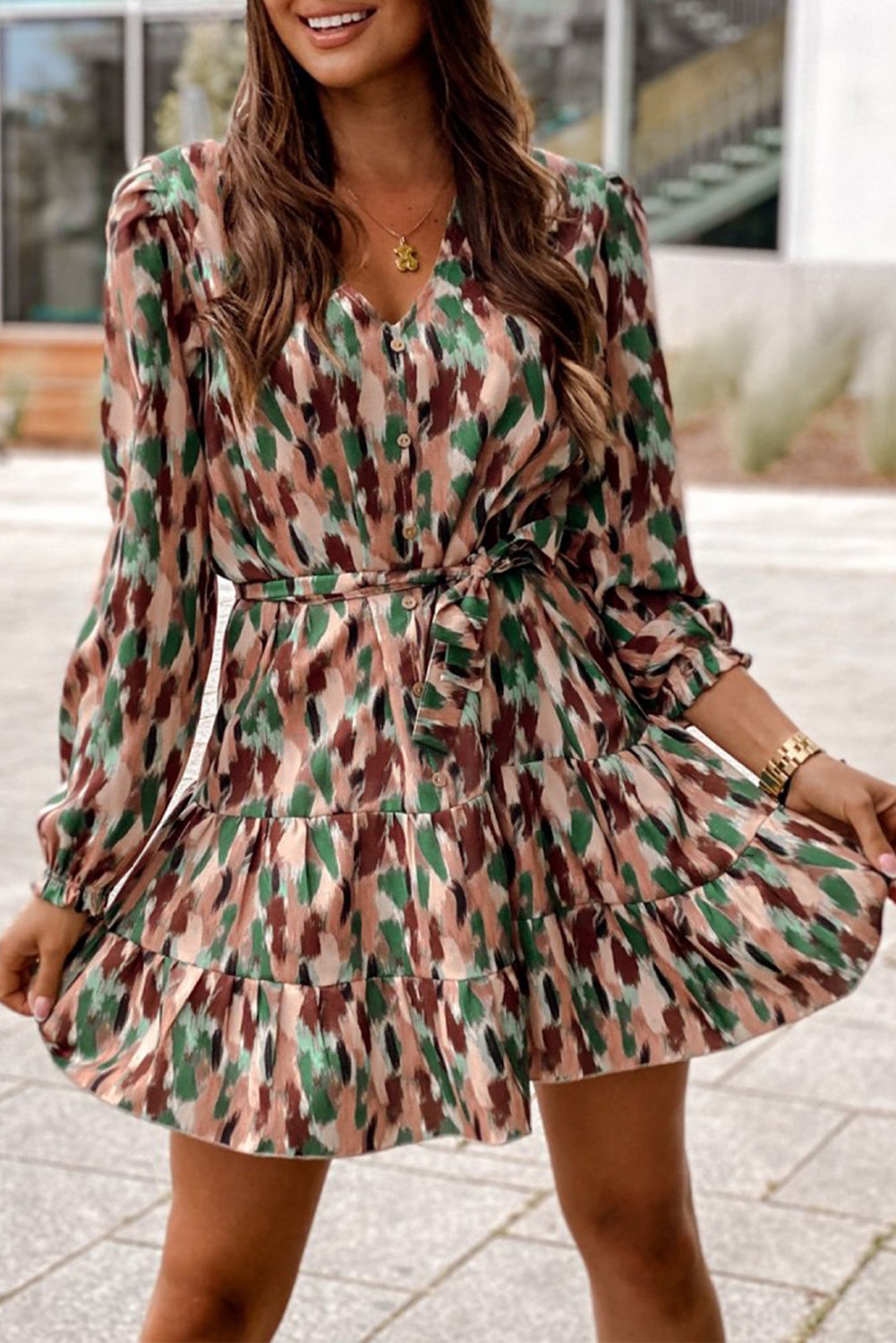 Brush Stroke Print Long Sleeve Mini Dress
