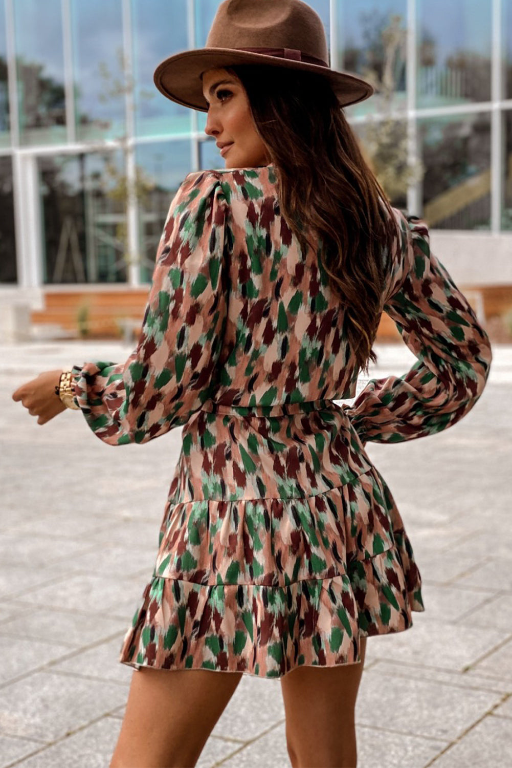 Brush Stroke Print Long Sleeve Mini Dress