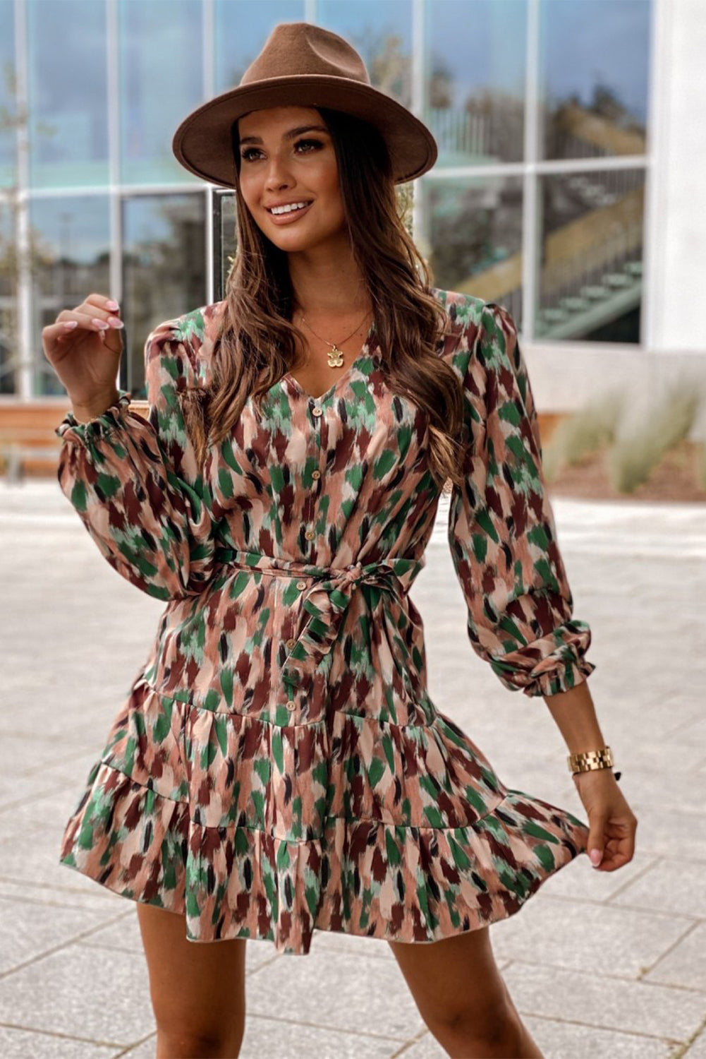 Brush Stroke Print Long Sleeve Mini Dress