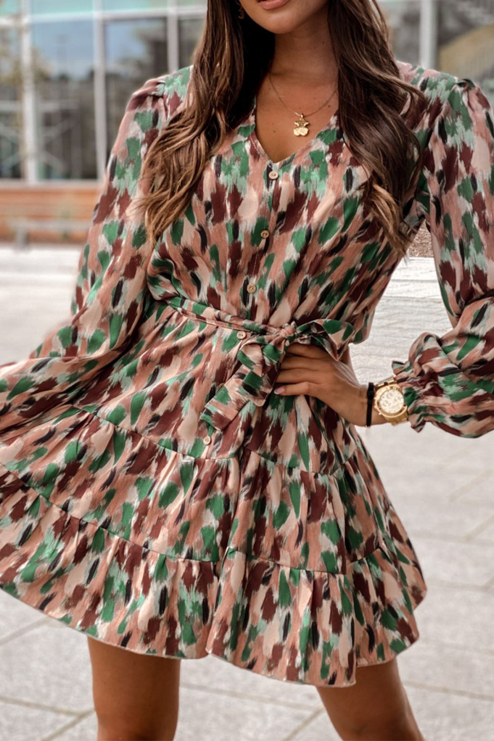 Brush Stroke Print Long Sleeve Mini Dress