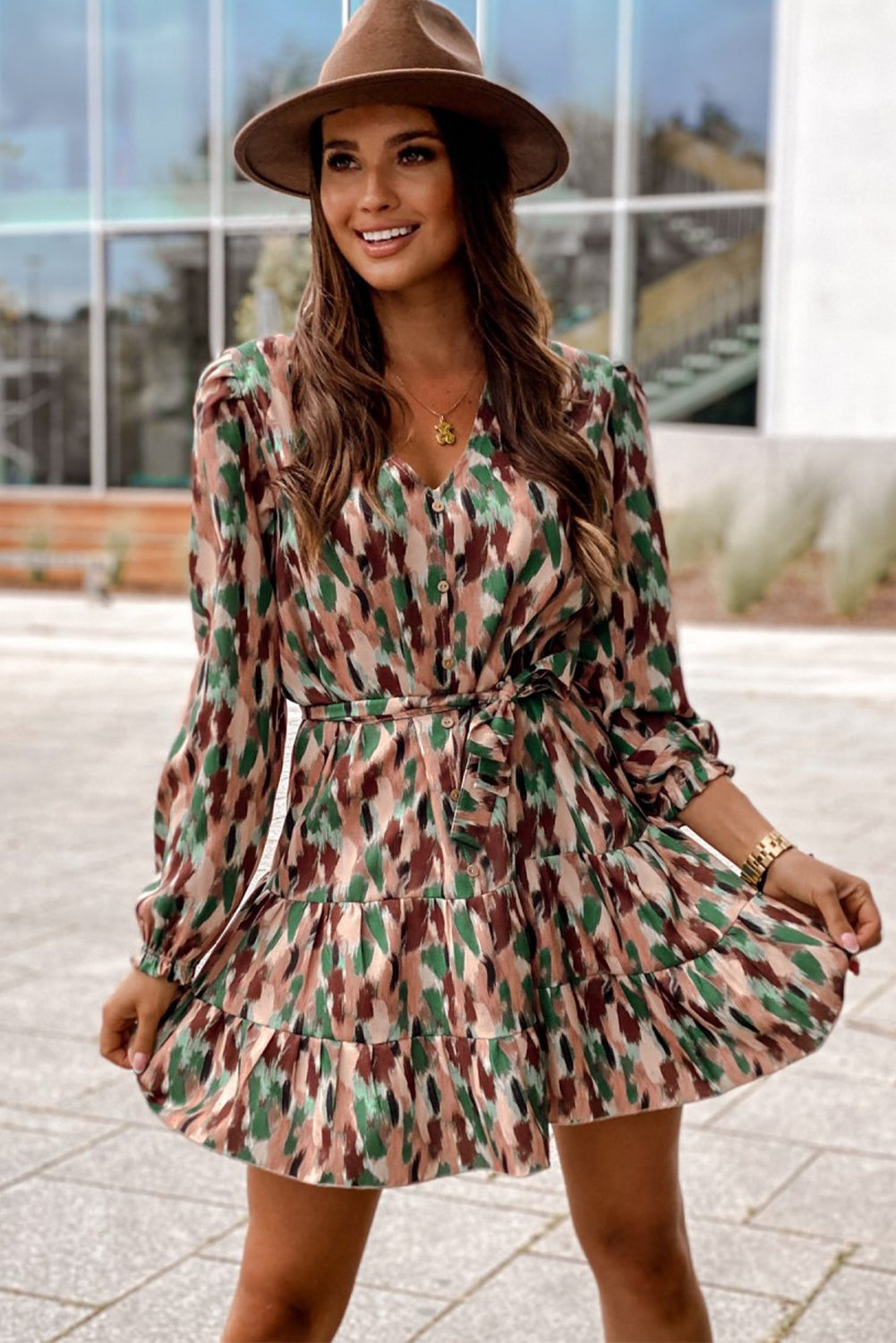 Brush Stroke Print Long Sleeve Mini Dress