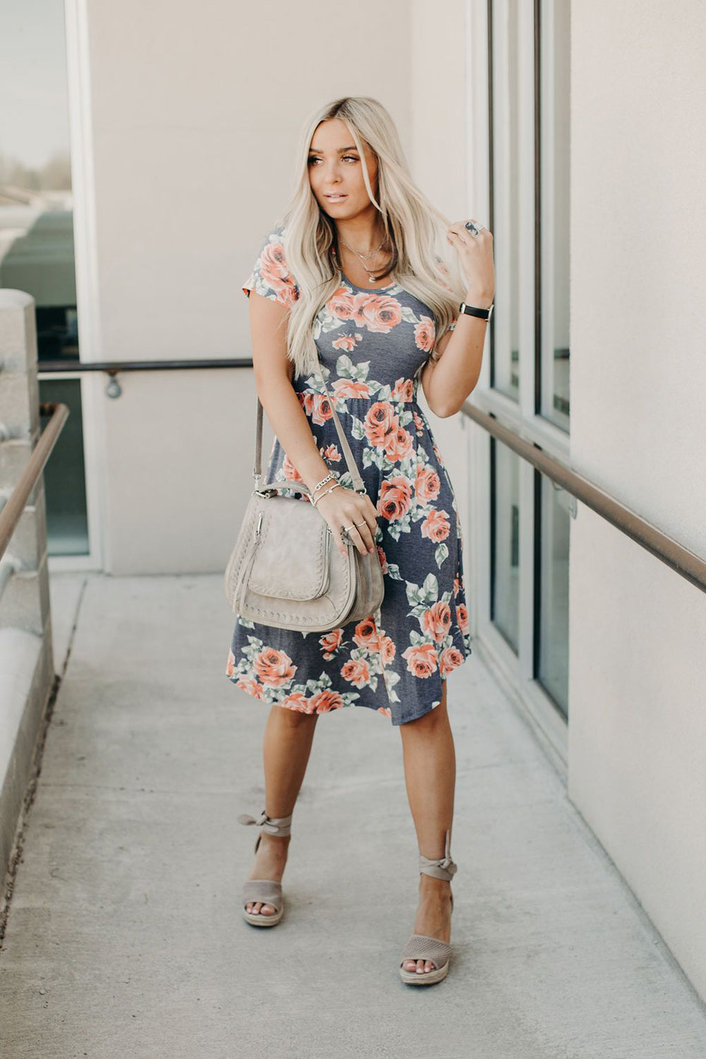 Floral Print Midi Short Sleeve Dress