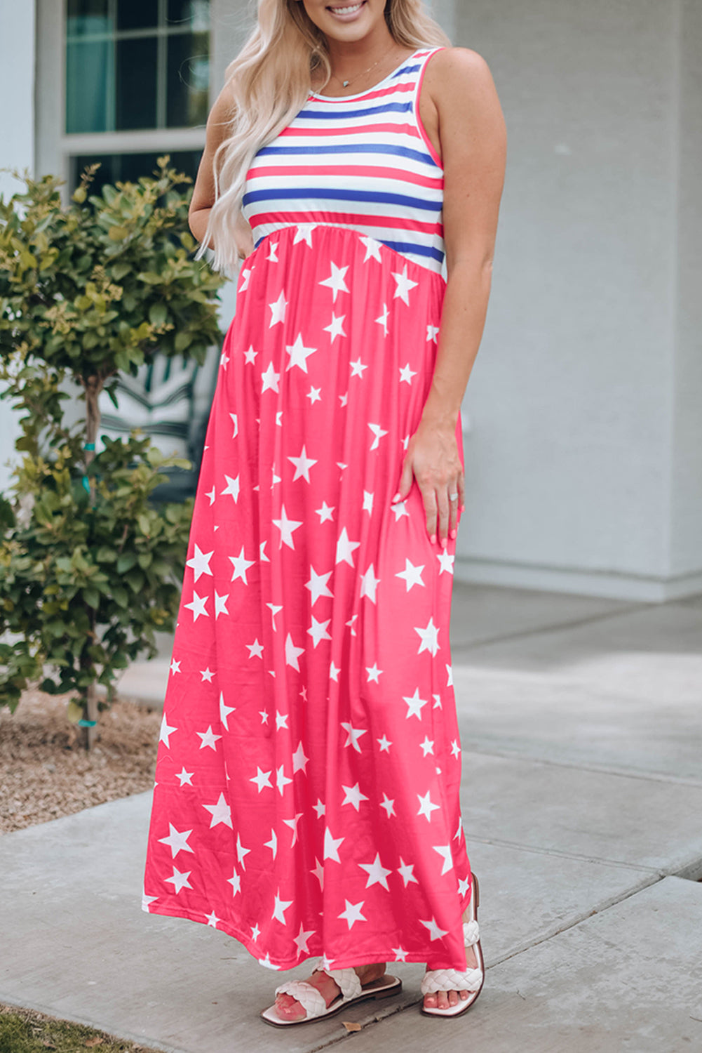 Red Stars and Stripes Print Sleeveless Maxi Dress