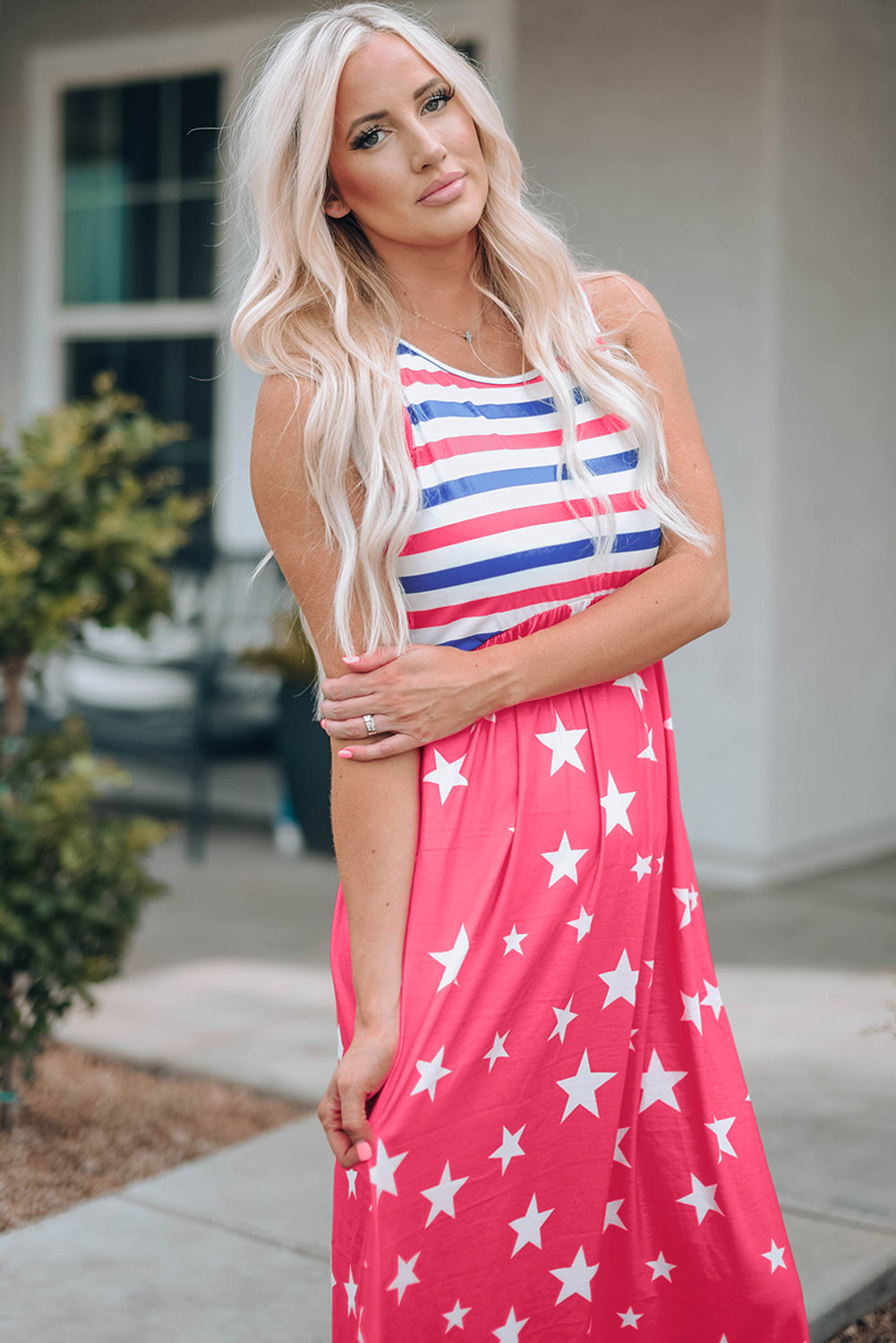Red Stars and Stripes Print Sleeveless Maxi Dress
