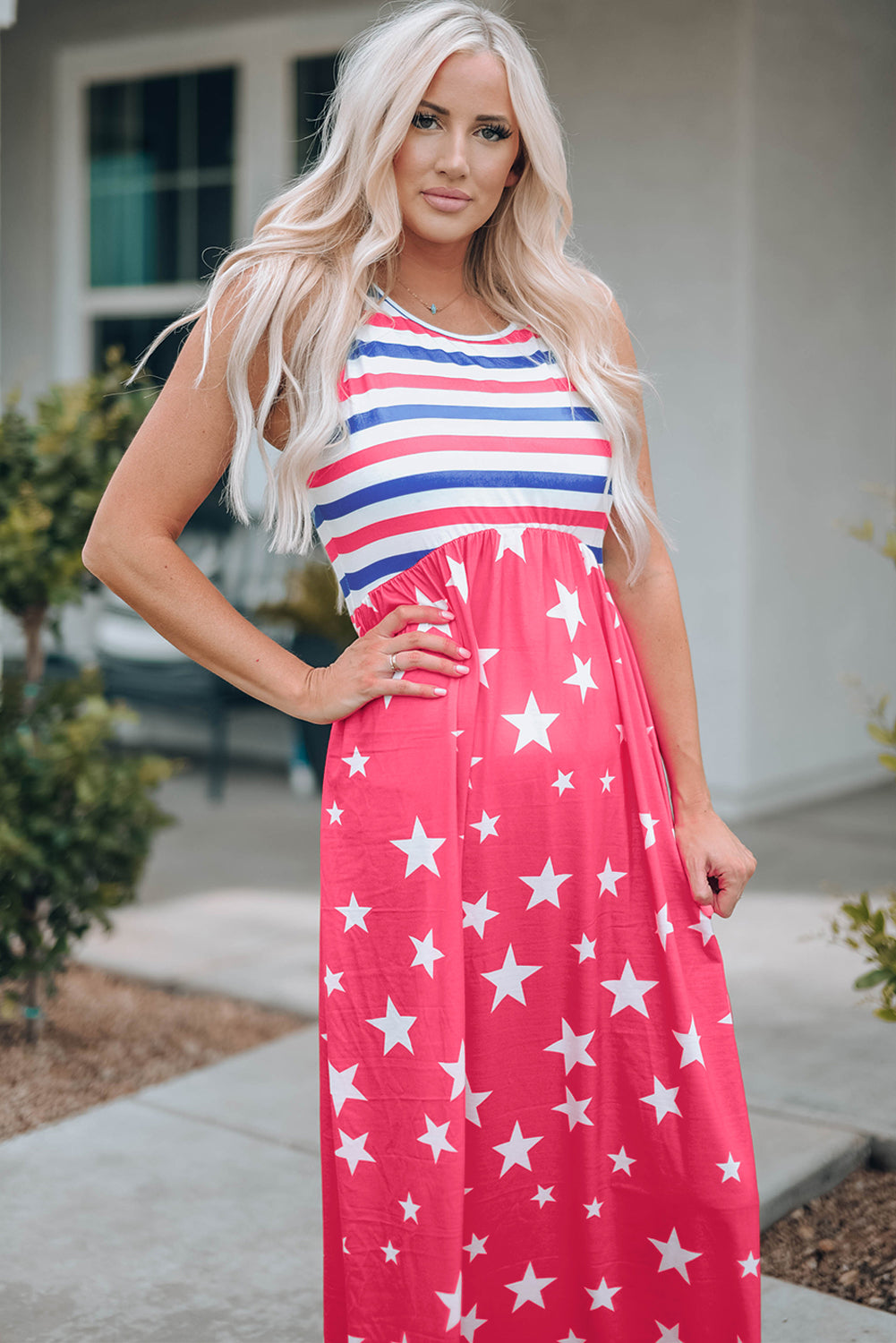 Red Stars and Stripes Print Sleeveless Maxi Dress