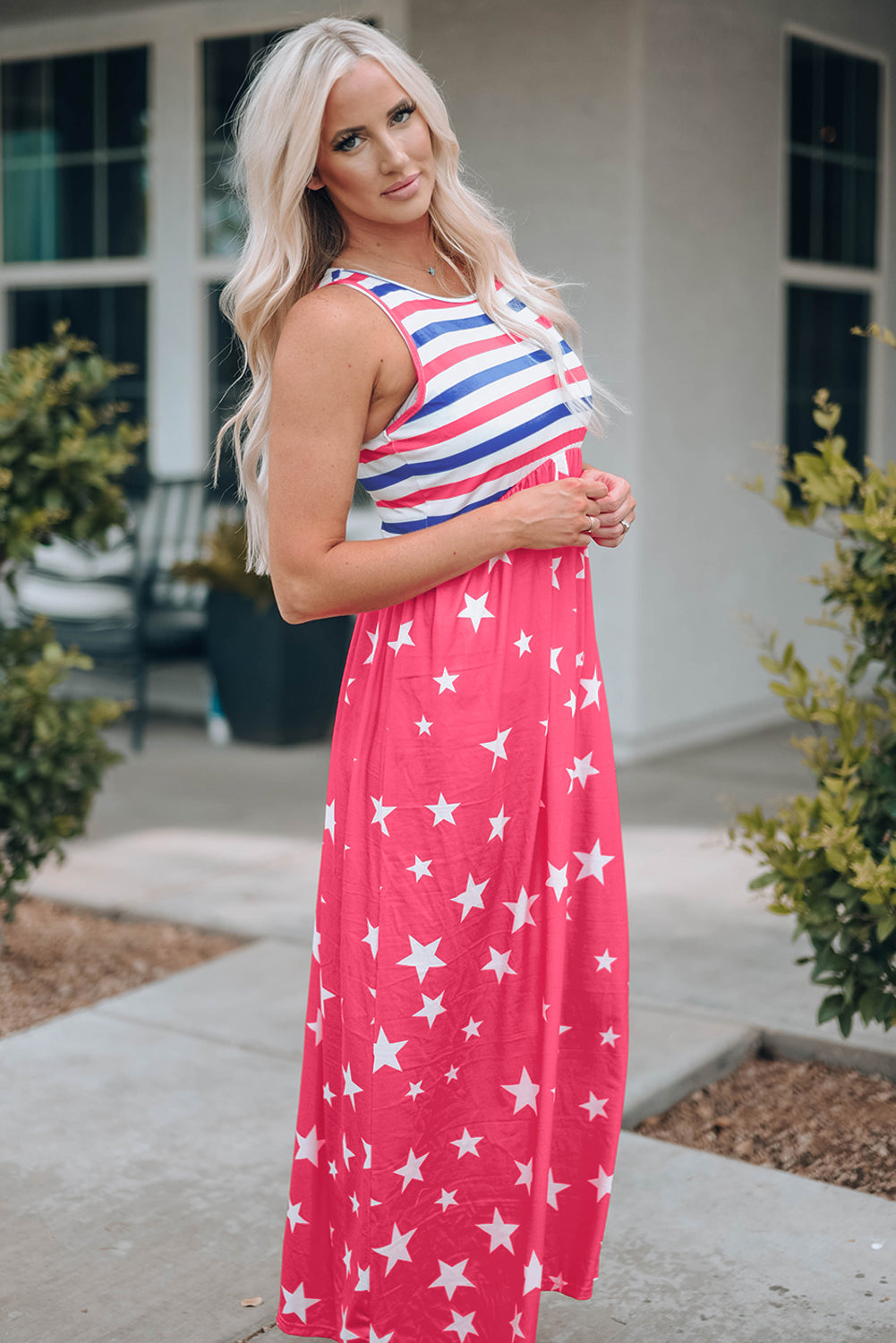 Red Stars and Stripes Print Sleeveless Maxi Dress