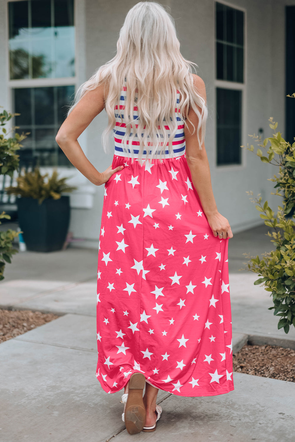 Red Stars and Stripes Print Sleeveless Maxi Dress