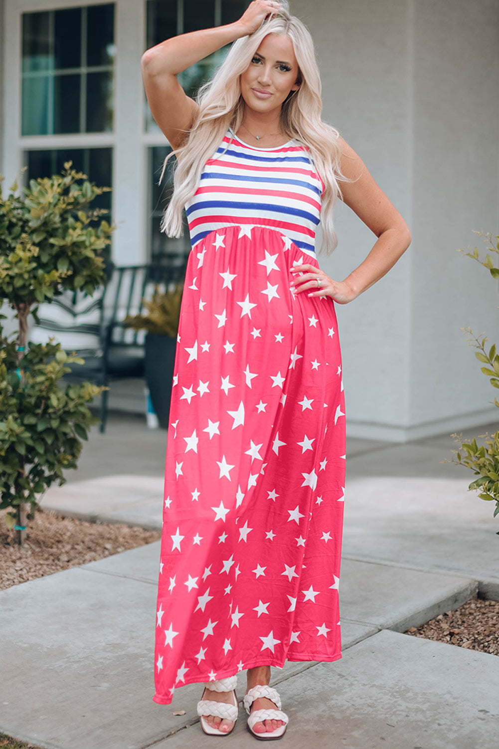 Red Stars and Stripes Print Sleeveless Maxi Dress