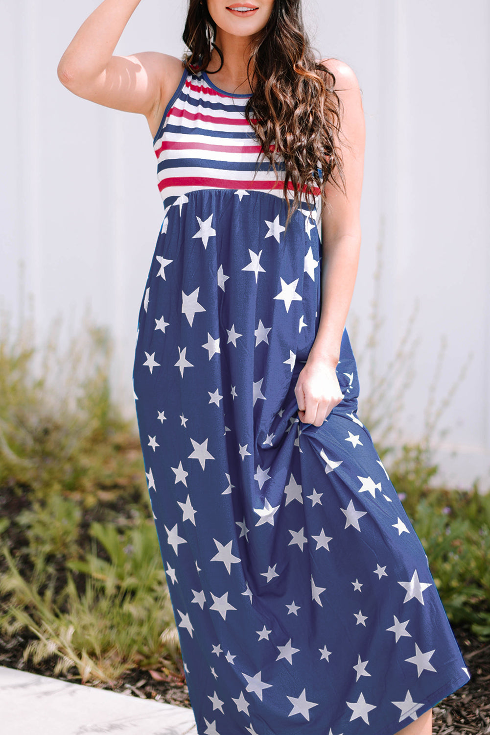 Blue Stars and Stripes Print Sleeveless Maxi Dress