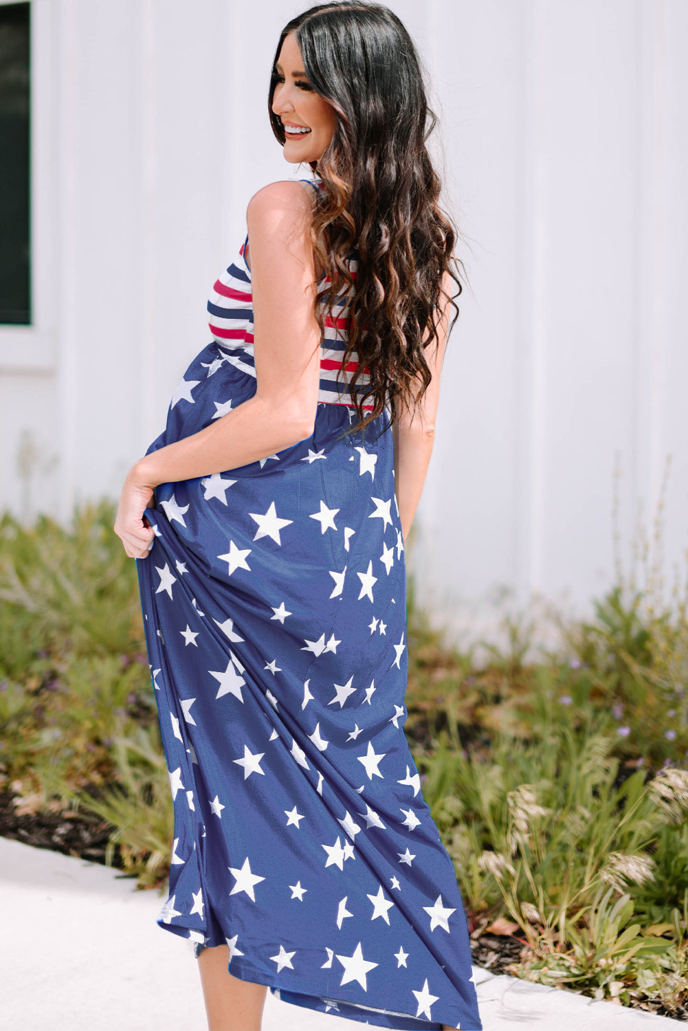 Blue Stars and Stripes Print Sleeveless Maxi Dress