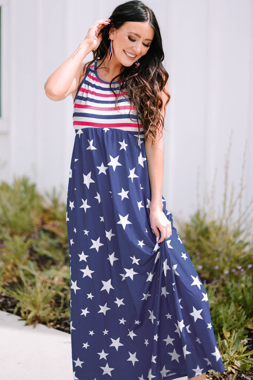 Blue Stars and Stripes Print Sleeveless Maxi Dress