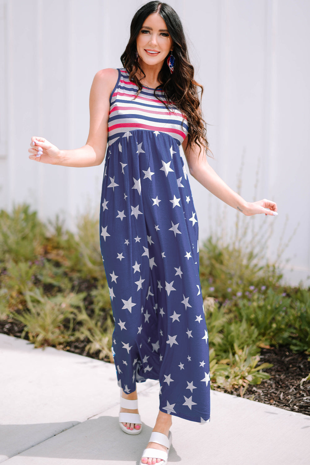 Blue Stars and Stripes Print Sleeveless Maxi Dress