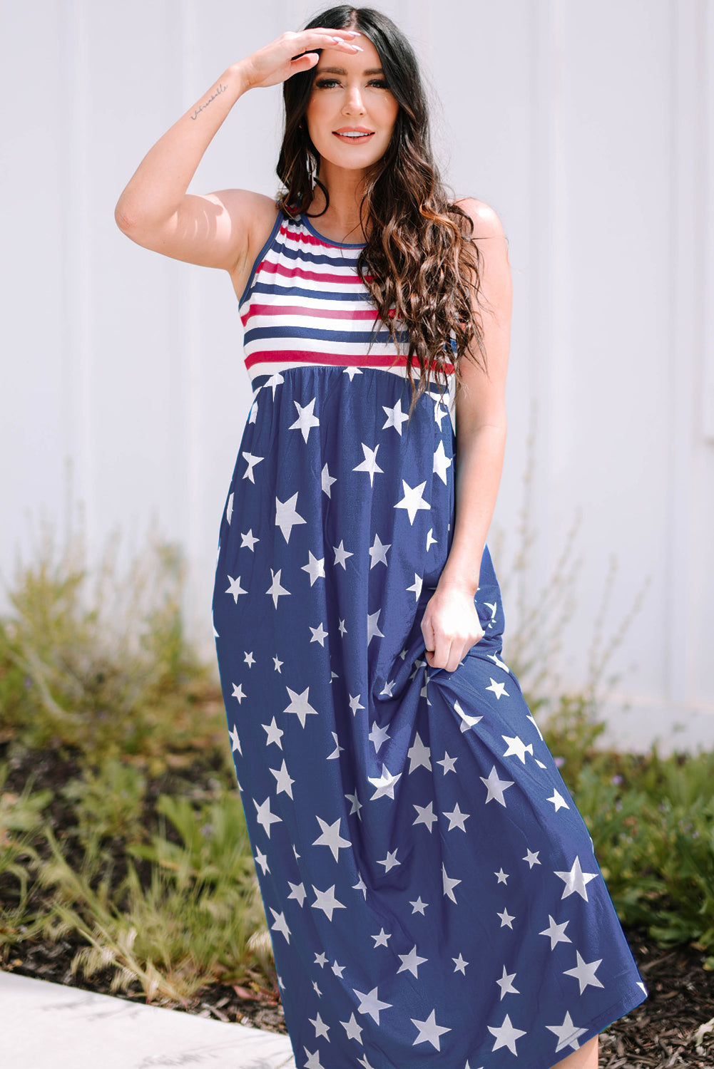 Blue Stars and Stripes Print Sleeveless Maxi Dress