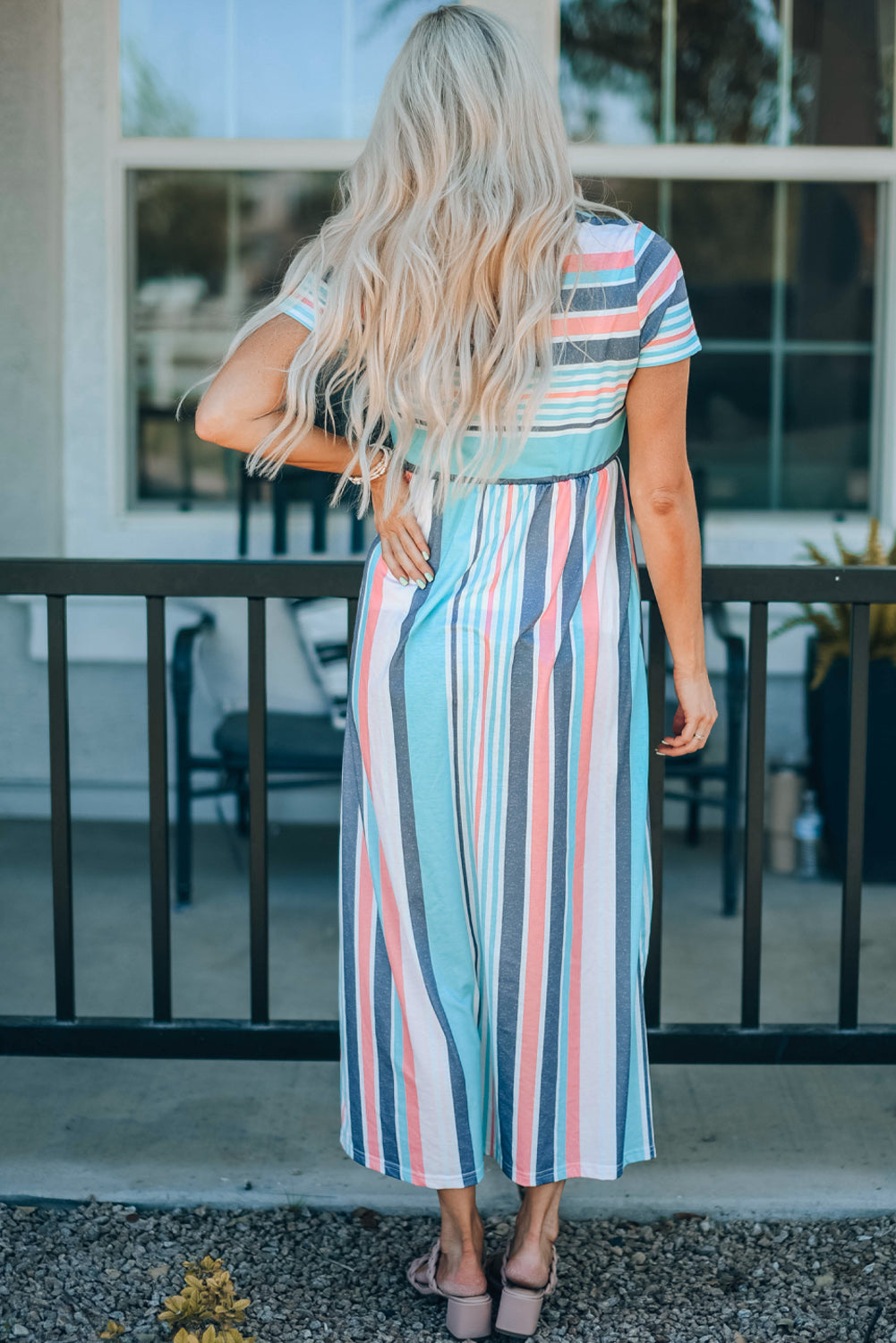 Stripe Mixed Printed Short Sleeve Midi Dress