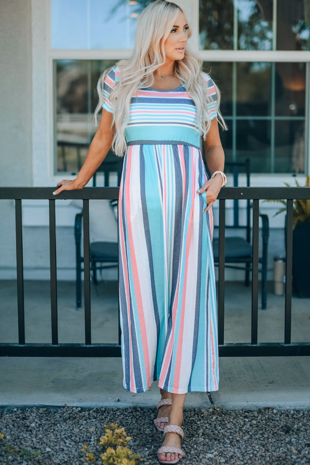 Stripe Mixed Printed Short Sleeve Midi Dress