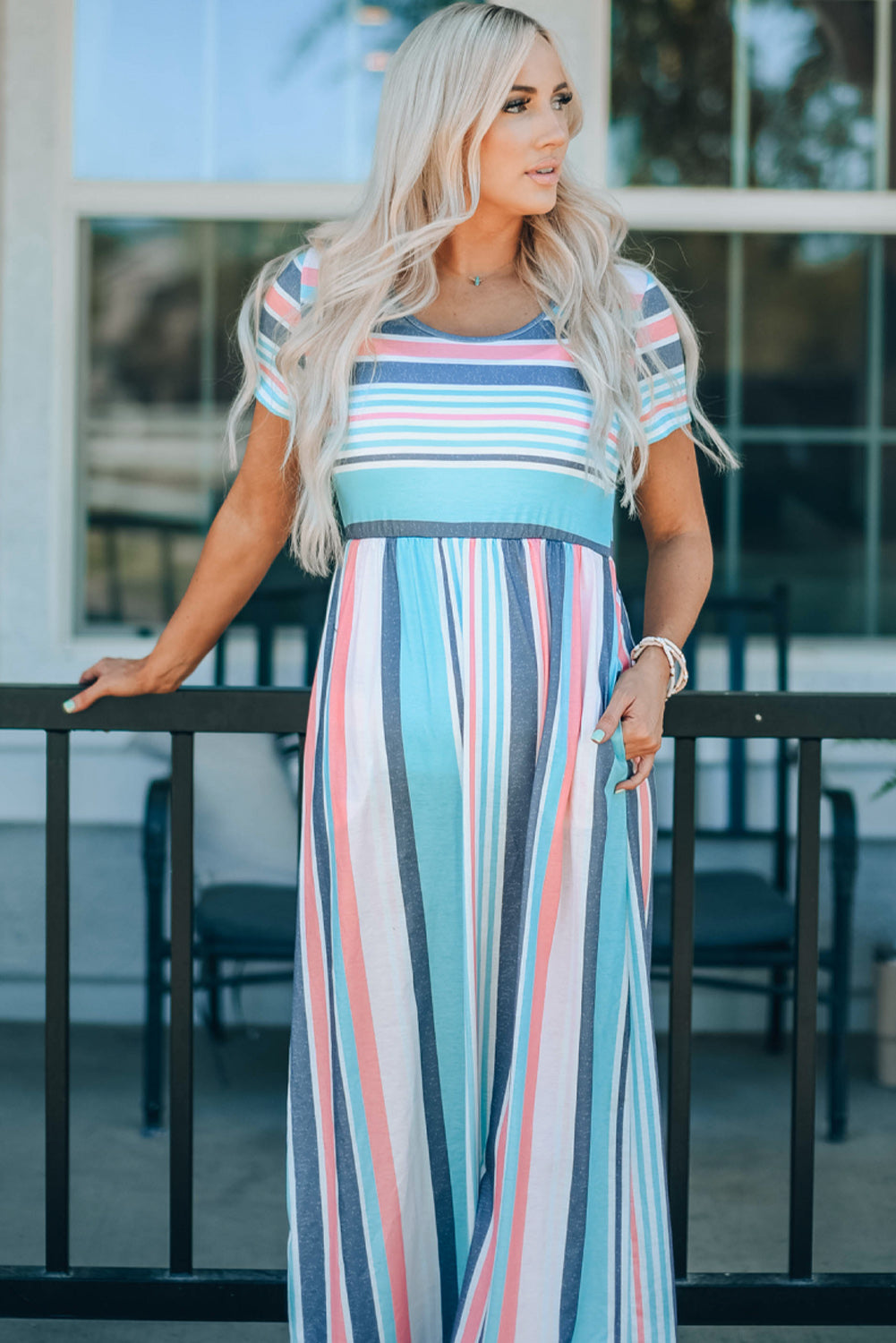Stripe Mixed Printed Short Sleeve Midi Dress