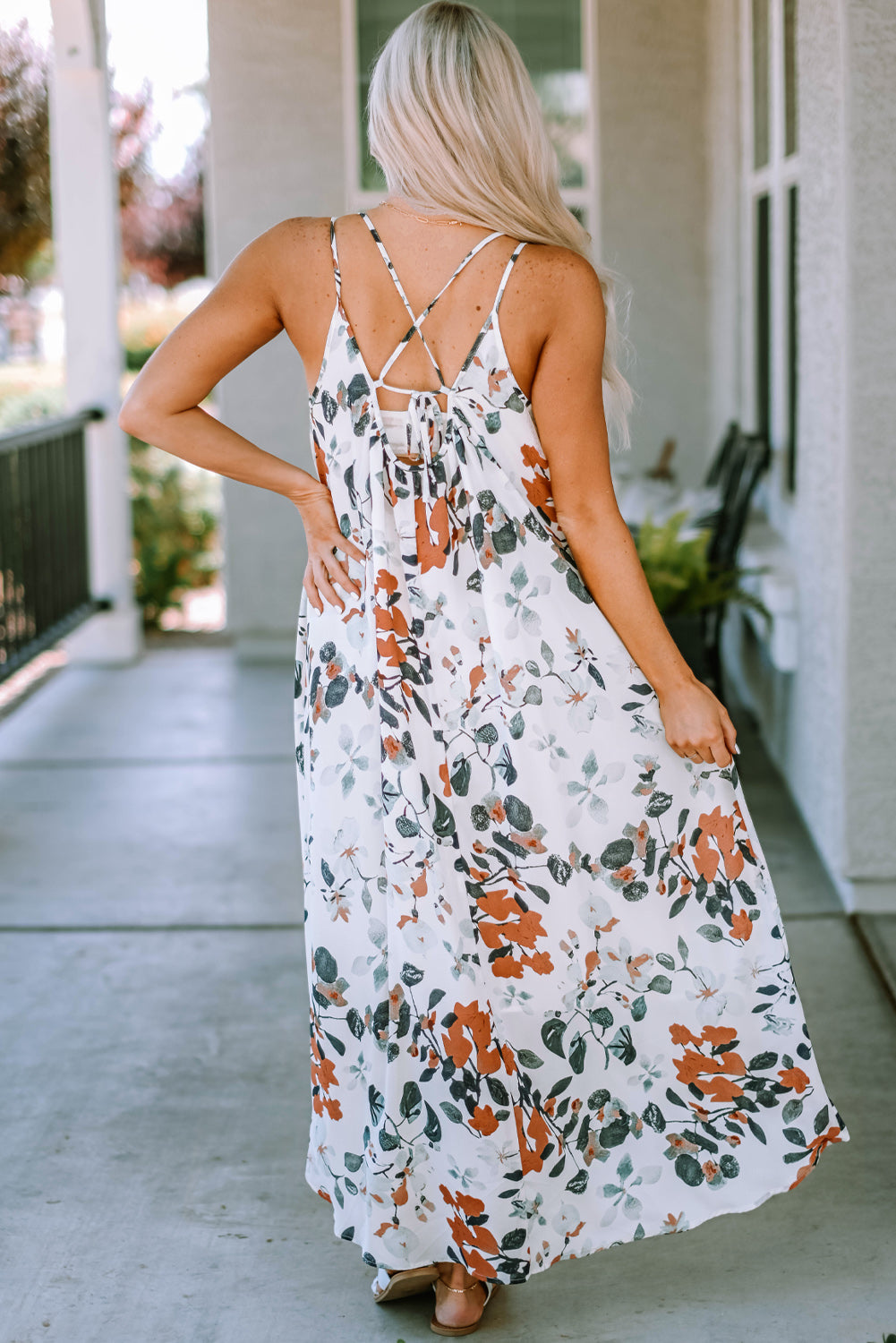 Floral Crisscross Backless Maxi Dress
