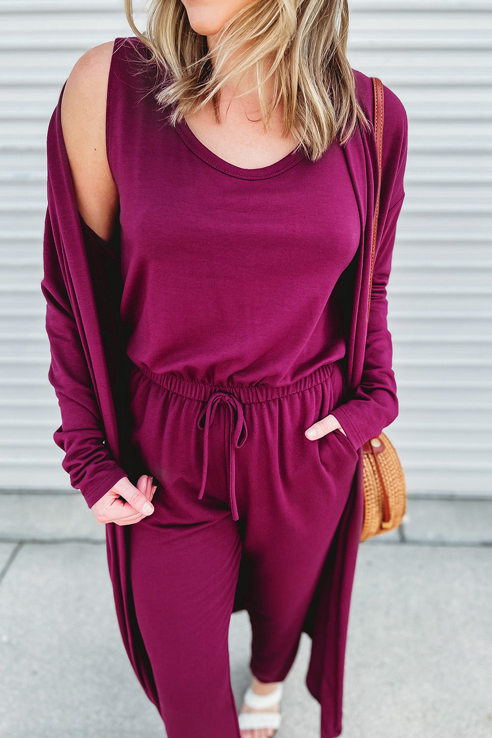 Elastic Waist Sleeveless Jumpsuit with Long Cardigan