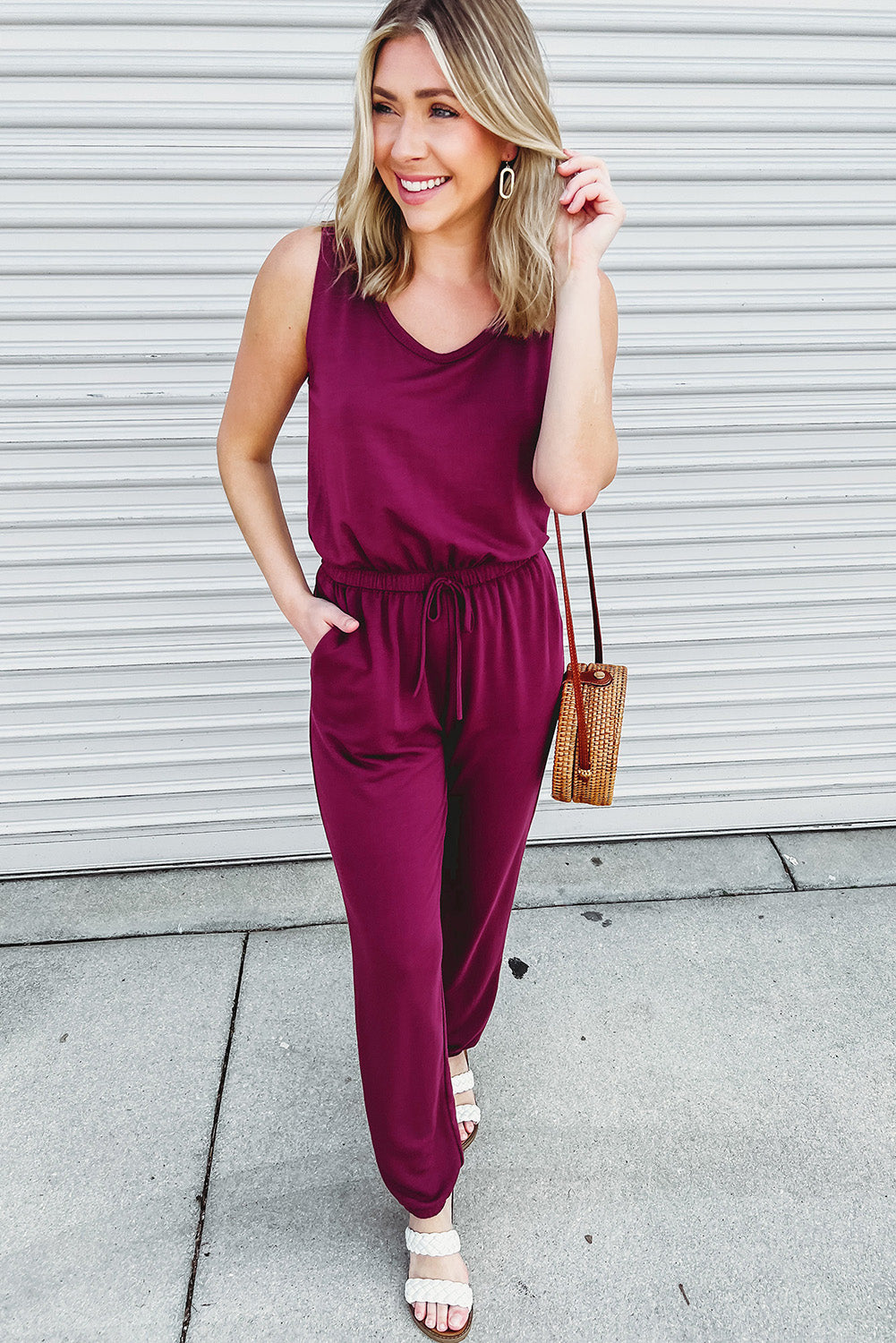 Elastic Waist Sleeveless Jumpsuit with Long Cardigan