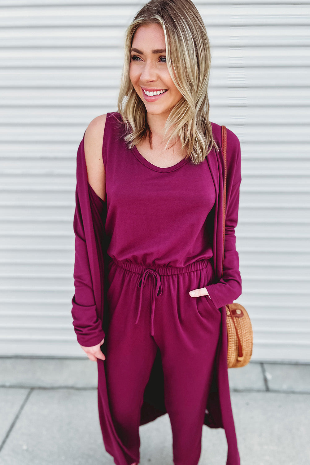 Elastic Waist Sleeveless Jumpsuit with Long Cardigan