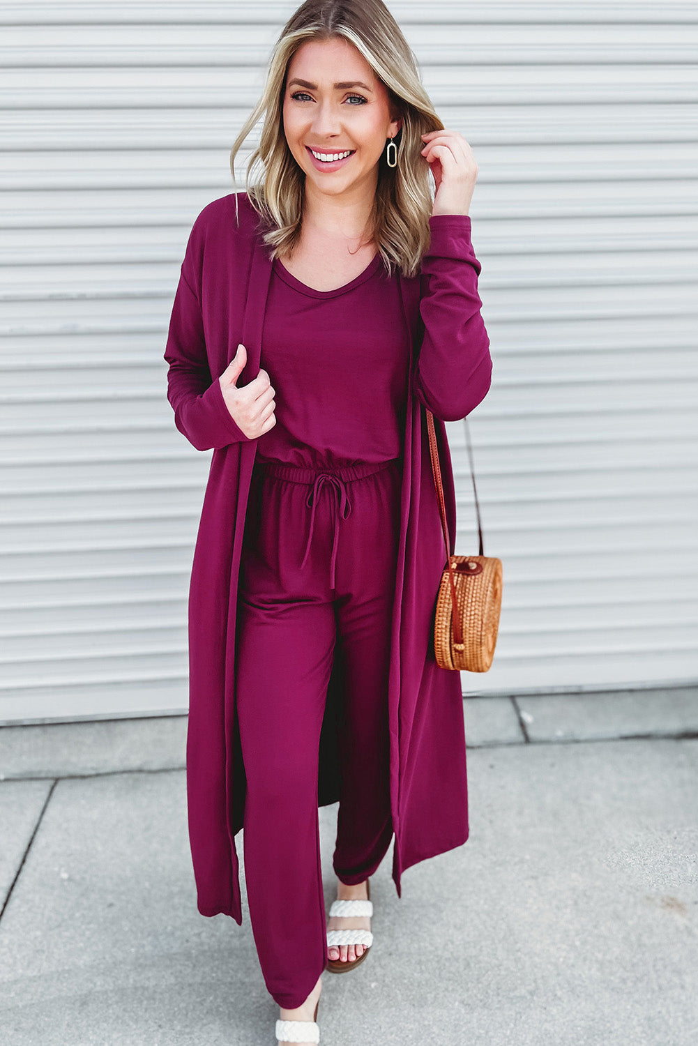 Elastic Waist Sleeveless Jumpsuit with Long Cardigan