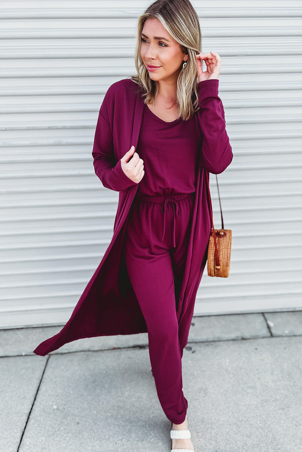 Elastic Waist Sleeveless Jumpsuit with Long Cardigan