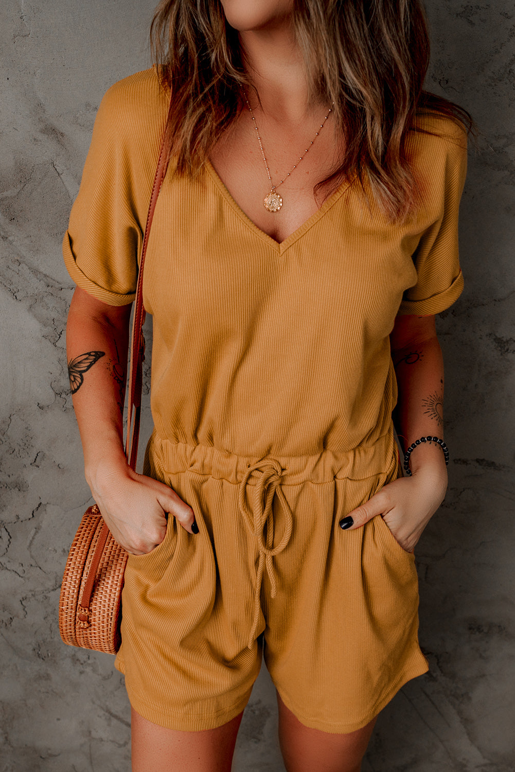 Ribbed Elastic Drawstring Waist Romper