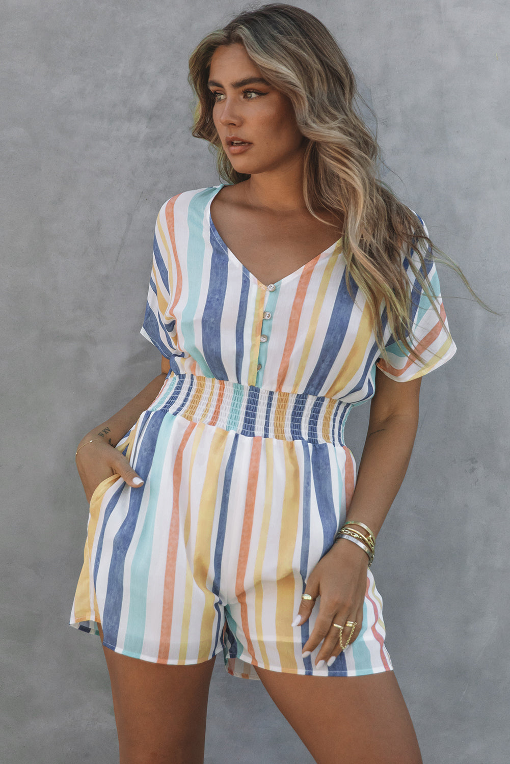 Striped V Neck Pocketed Romper