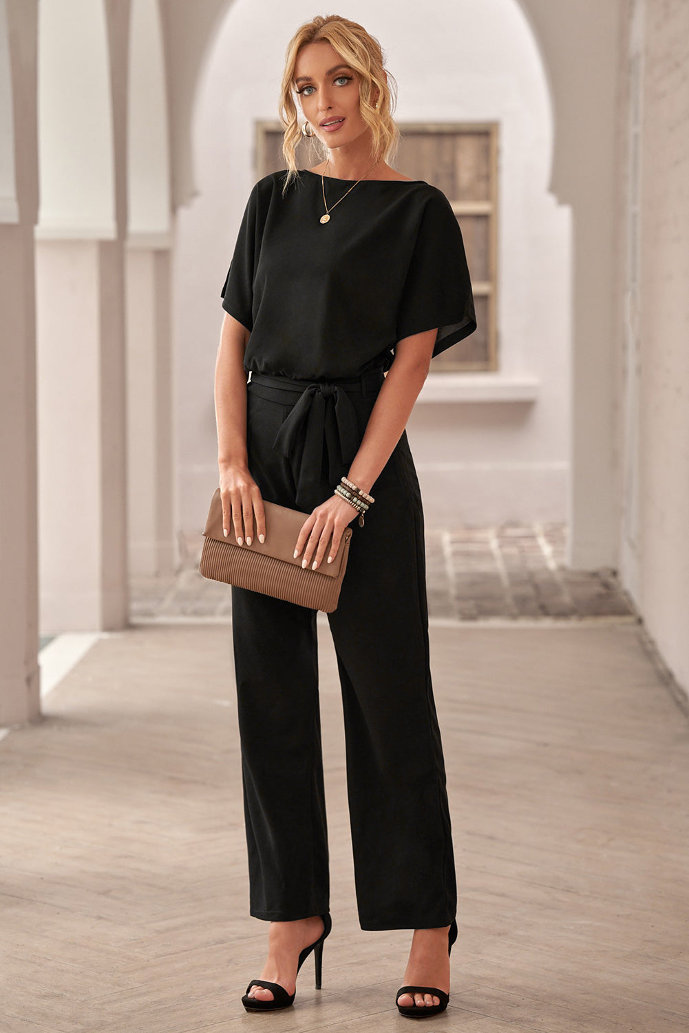 Black Dolman Sleeve Belted Straight Leg Jumpsuit