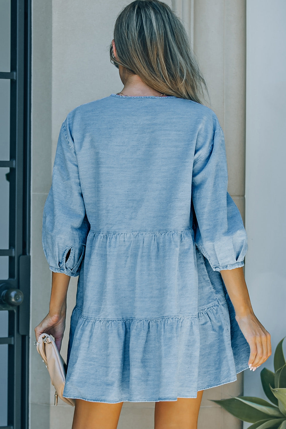 Drawstring Puff Sleeve Denim Mini Dress